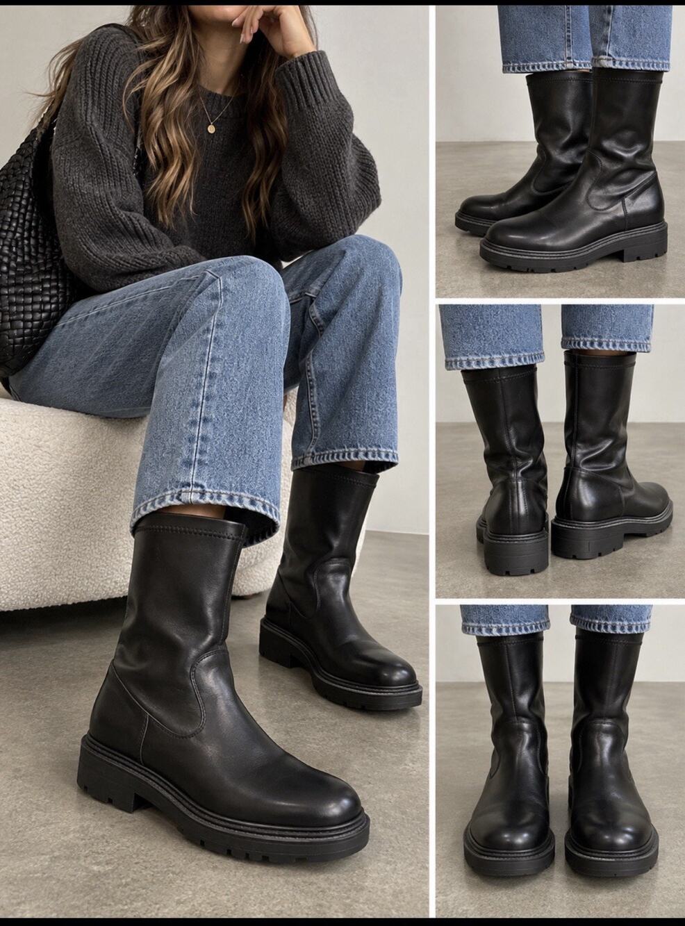 ZARA Chunky Lug Sole Ankle Boots Black Leather Zip Moto Y2K Size 39 Emu Vamp
